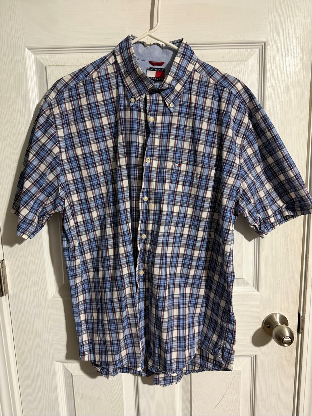 Tommy Hilfiger Blue and White Plaid Short-Sleeve Button-Down Shirt